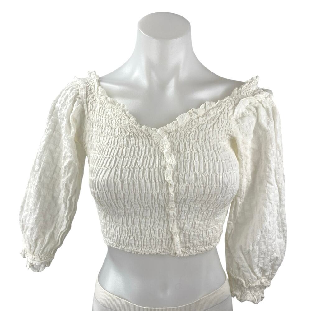 Zara Women's White Smocked Ruffle V Neck Half Sleeve Blouse Crop Top Size S